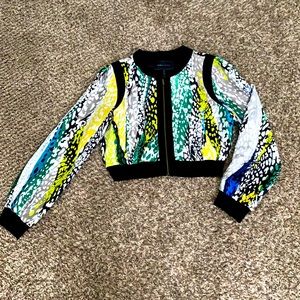 BCBG satin cropped jacket.